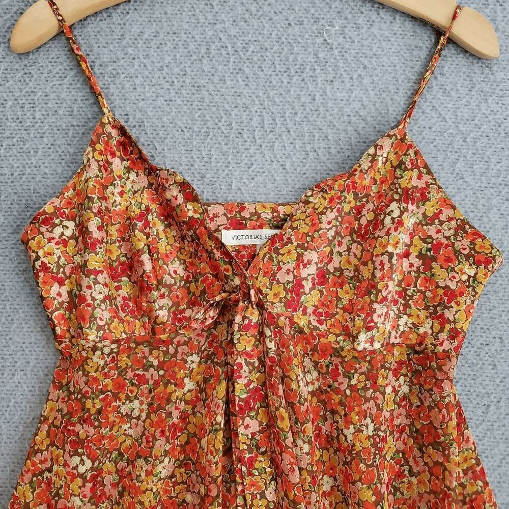 Y2K Victoria Secret Women's Babydoll Orange Floral Adjustable Strap Micro Dress